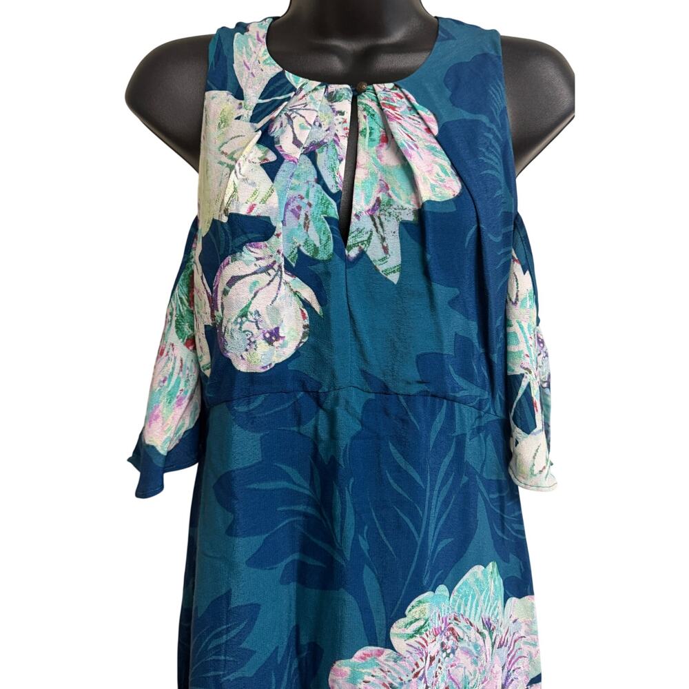 Maeve Anthropologie Dress 4 Teal Shift Cold Shoulder Ruffle Lined Women EUC - Picture 2 of 10